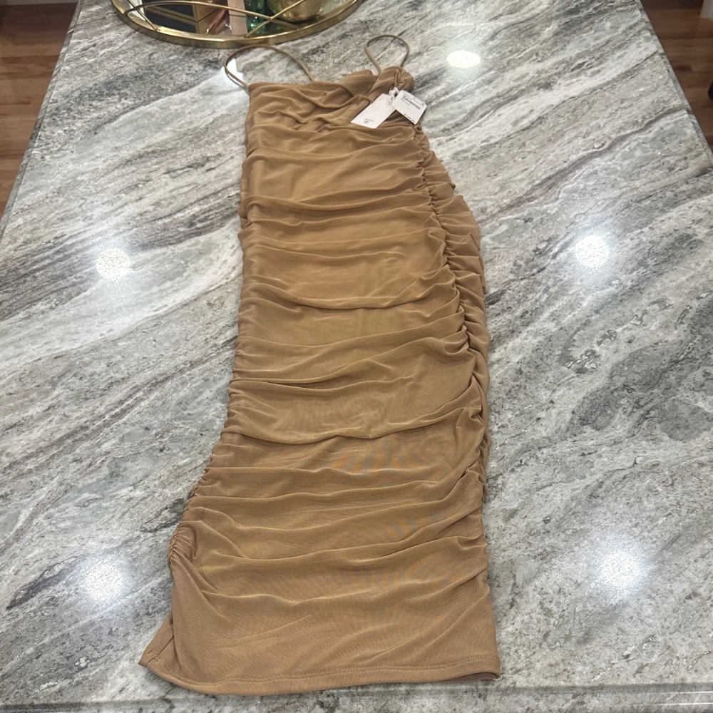 Good American Tan Ruched Slip Dress